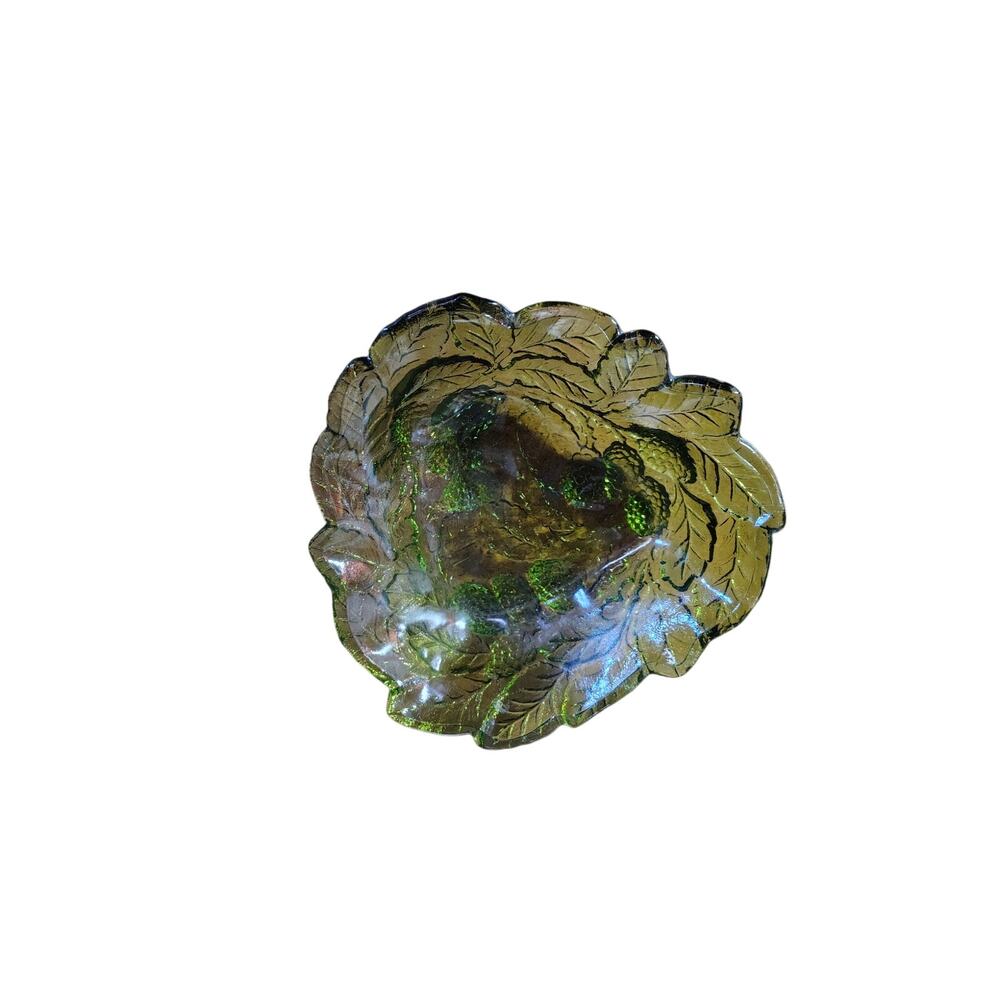 GREEN INDIANA GLASS 3D BOWL Triangle Raised Loganberry Berry Leaves MCM EUC